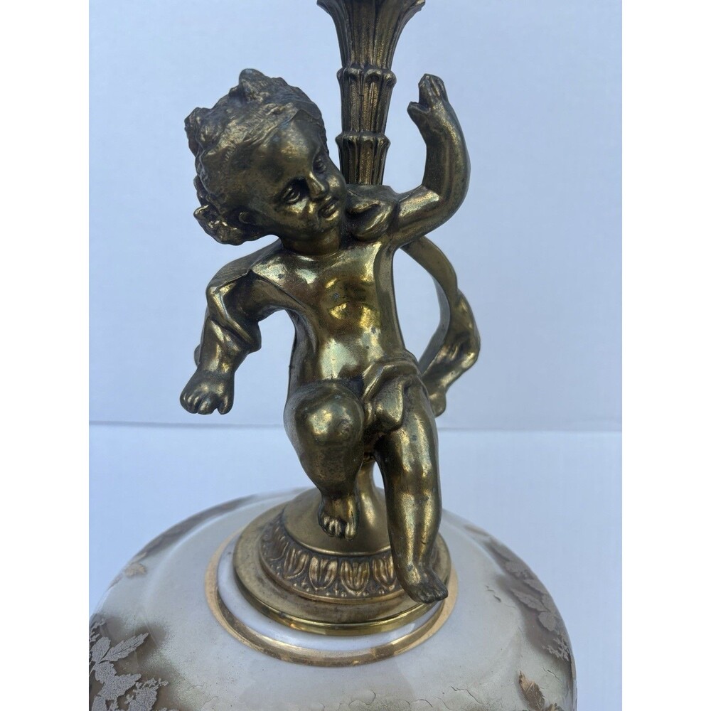 VTG MCM Hollywood Regency Brass Cherub Lamp Iridescent Glass Marble Base Tall